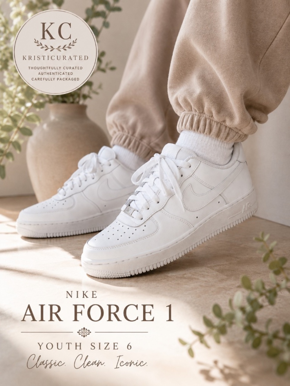 Nike Air Force 1 Low White Sneakers Youth 6Y Women’s 8 314192-117